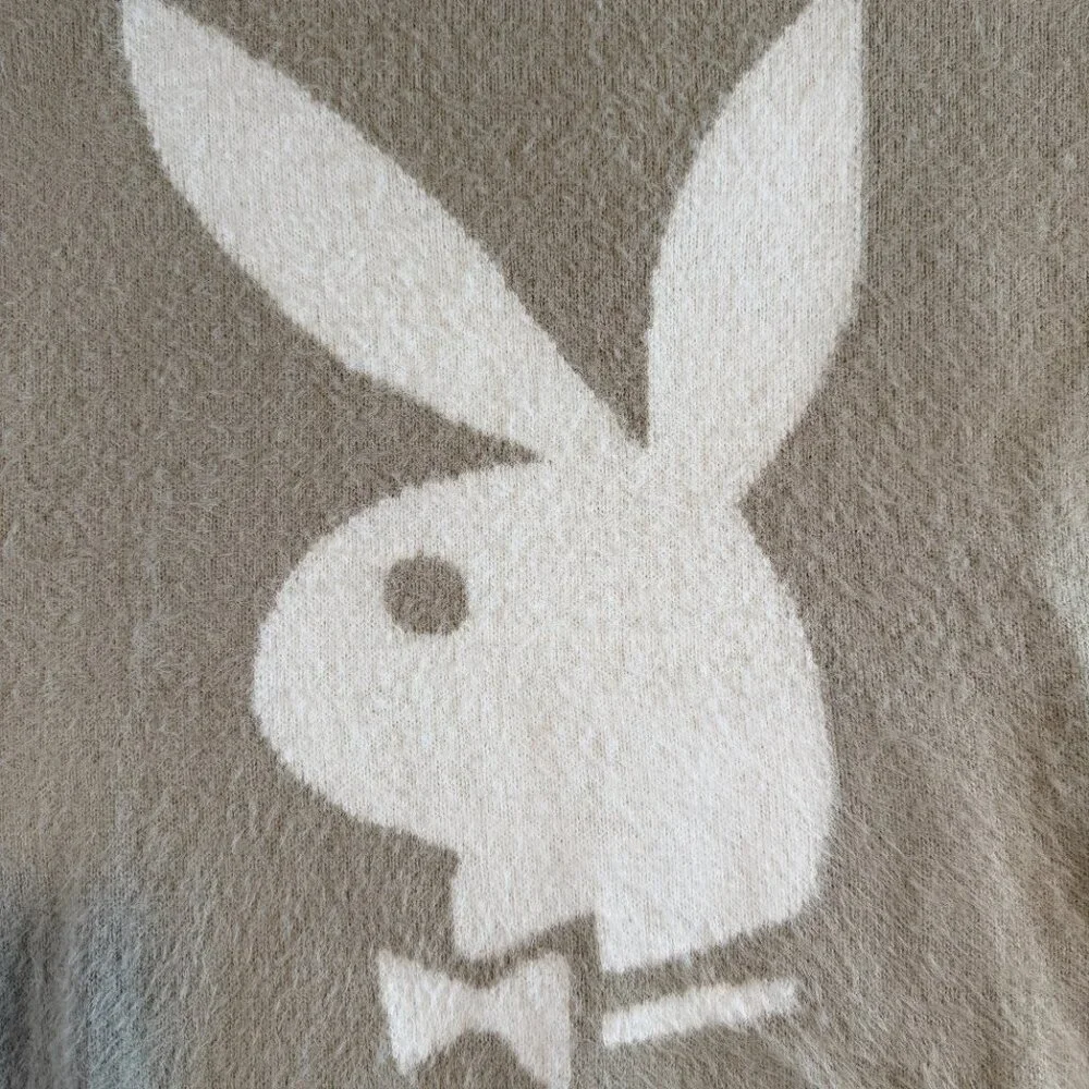 PLAYBOY Fuzzy Bunny Head PacSun Crew Neck Sweater Tan Beige XL